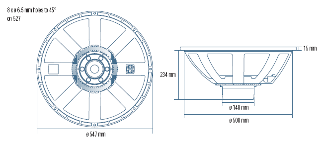 drawing & mounting du haut parleur à cône RCF Haut-parleur RCF LF21N451, 8 ohm, 547 mm