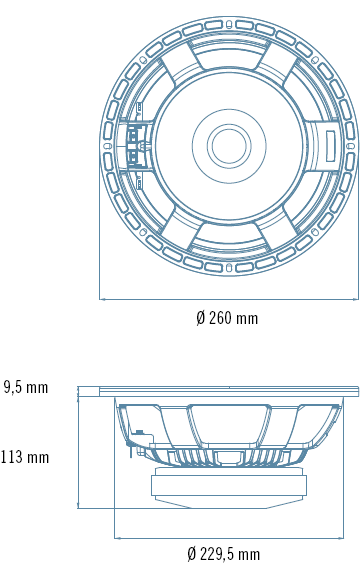 Image Drawing & Mounting haut parleur à cône RCF Haut-parleur RCF MB10G251, 8 ohm, 260 mm