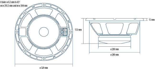 Image Drawing & Mounting haut parleur à cône RCF Haut-parleur RCF MB12G301, 8 ohm, 320 mm