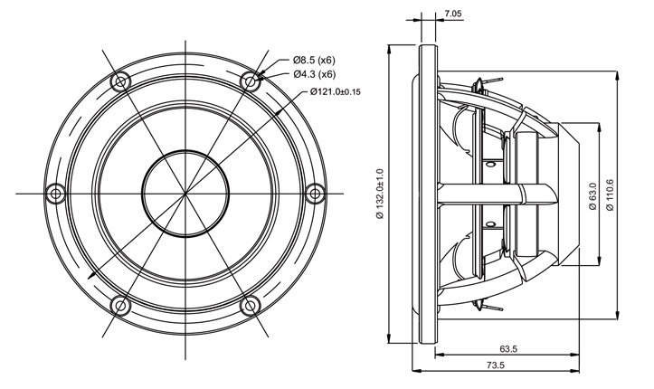drawing & mounting du haut parleur à cône SB Acoustics Haut-parleur SB Acoustics Satori MR13P-8, impédance 8 ohm, 5 pouce