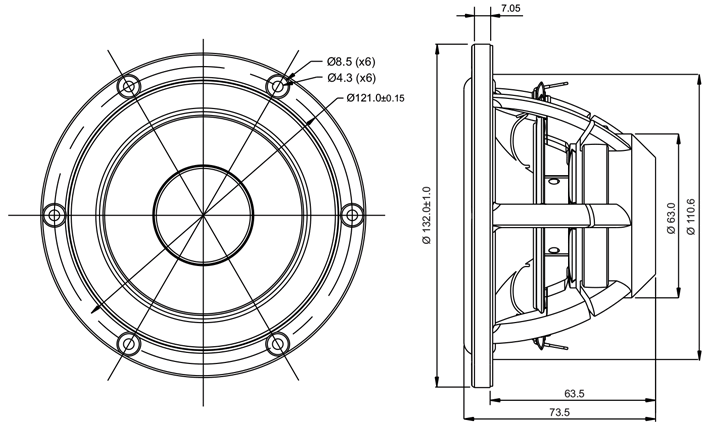 drawing & mounting du haut parleur à cône SB Acoustics Haut-parleur SB Acoustics Satori MR13PNW-8, impédance 8 ohm, 5 pouce