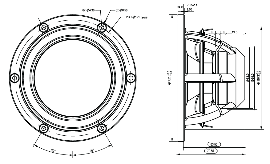 drawing & mounting du haut parleur à cône SB Acoustics Haut-parleur SB Acoustics Satori MR13TX-4, impédance 4 ohm, 5 pouce