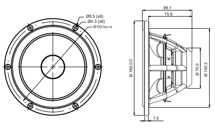 drawing & mounting du haut parleur à cône SB Acoustics Haut-parleur SB Acoustics Satori MR16P-4, impédance 4 ohm, 6.5 pouce