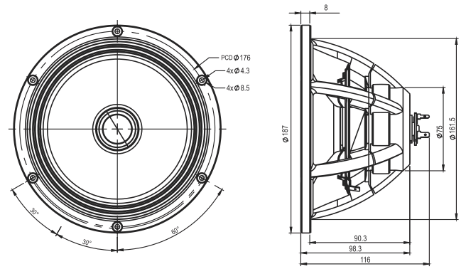 drawing & mounting du haut parleur à cône SB Acoustics Haut-parleur SB Acoustics Satori MT19CP, impédance 8+4 ohm, 7.5 pouce