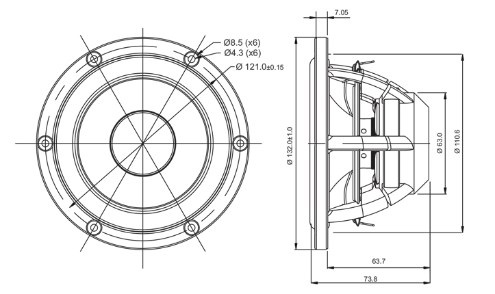 drawing & mounting du haut parleur à cône SB Acoustics Haut-parleur SB Acoustics Satori MW13P-4, impédance 4 ohm, 5 pouce
