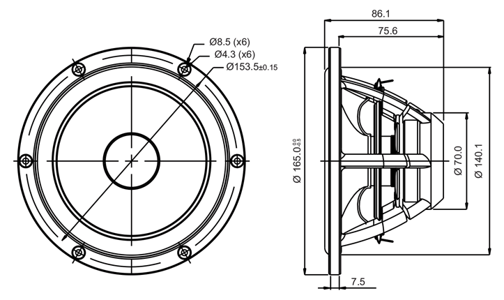 drawing & mounting du haut parleur à cône SB Acoustics Haut-parleur SB Acoustics Satori MW16P-8, impédance 8 ohm, 6.5 pouce