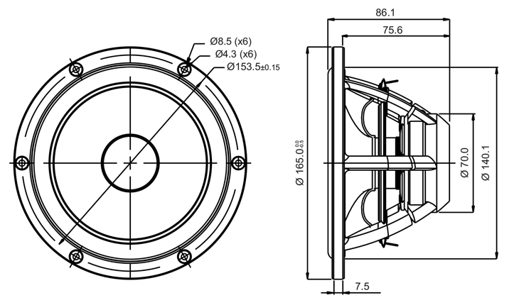 drawing & mounting du haut parleur à cône SB Acoustics Haut-parleur SB Acoustics Satori MW16PNW-4, impédance 4 ohm, 6.5 pouce