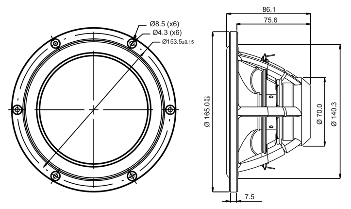 drawing & mounting du haut parleur à cône SB Acoustics Haut-parleur SB Acoustics Satori MW16TX-8, impédance 8 ohm, 6.5 pouce