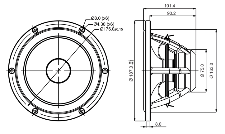 drawing & mounting du haut parleur à cône SB Acoustics Haut-parleur SB Acoustics Satori MW19P-4, impédance 4 ohm, 7.5 pouce