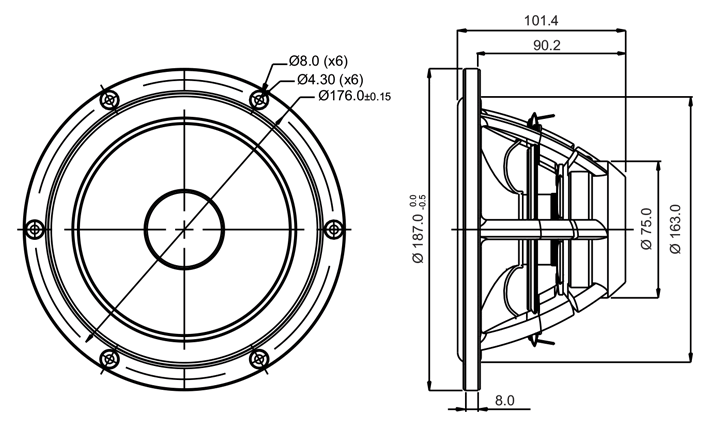 drawing & mounting du haut parleur à cône SB Acoustics Haut-parleur SB Acoustics Satori MW19PNW-4, impédance 4 ohm, 7.5 pouce