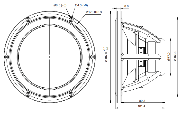 drawing & mounting du haut parleur à cône SB Acoustics Haut-parleur SB Acoustics Satori MW19TX-4, impédance 4 ohm, 7.5 pouce