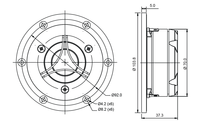 drawing & mounting du tweeter à dôme SB Acoustics Tweeter à dôme SB Acoustics Satori TW29B-B, impédance 4 ohm, bobine 29 mm, noir