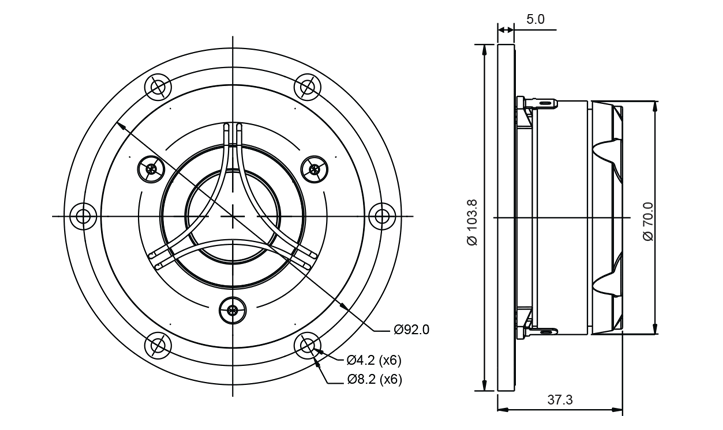 drawing & mounting du tweeter à dôme SB Acoustics Tweeter à dôme SB Acoustics Satori TW29BN-8, impédance 8 ohm, bobine 29 mm