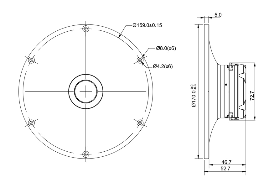 drawing & mounting du tweeter à dôme SB Acoustics Tweeter à dôme SB Acoustics SATORI TW29BNWG-8, impédance 8 ohm, bobine 29 mm
