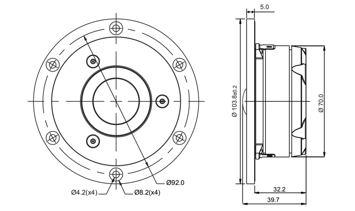 drawing & mounting du tweeter à dôme SB Acoustics Tweeter à dôme SB Acoustics Satori TW29D, impédance 4 ohm, bobine 29 mm