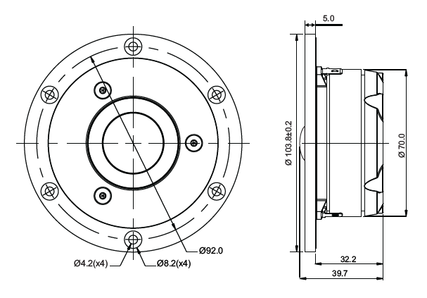 drawing & mounting du tweeter à dôme SB Acoustics Tweeter à dôme SB Acoustics Satori TW29D-B, impédance 4 ohm, bobine 29 mm, noir