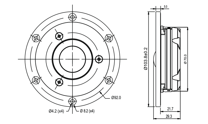 drawing & mounting du tweeter à dôme SB Acoustics Tweeter à dôme SB Acoustics Satori TW29DN-B-8, impédance 8 ohm, bobine 29 mm, noir