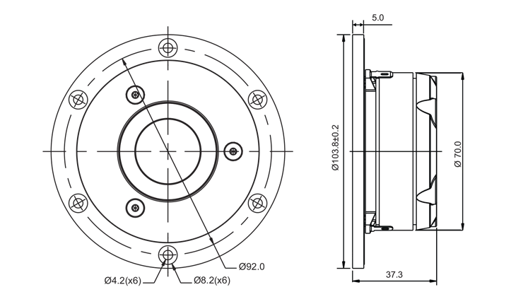 drawing & mounting du tweeter à dôme SB Acoustics Tweeter à dôme SB Acoustics Satori TW29R, impédance 4 ohm, bobine 29 mm