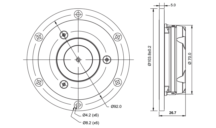 drawing & mounting du tweeter à dôme SB Acoustics Tweeter à dôme SB Acoustics Satori TW29RN-8, impédance 8 ohm, bobine 29 mm