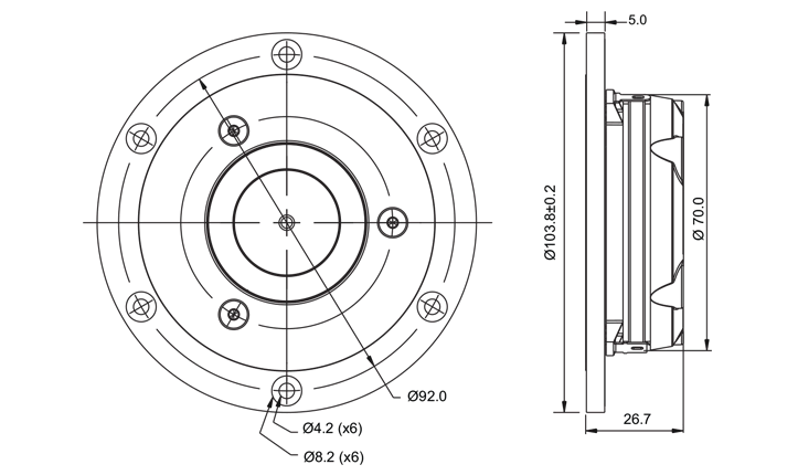 drawing & mounting du tweeter à dôme SB Acoustics Tweeter à dôme SB Acoustics Satori TW29RN-B, impédance 4 ohm, bobine 29 mm, noir