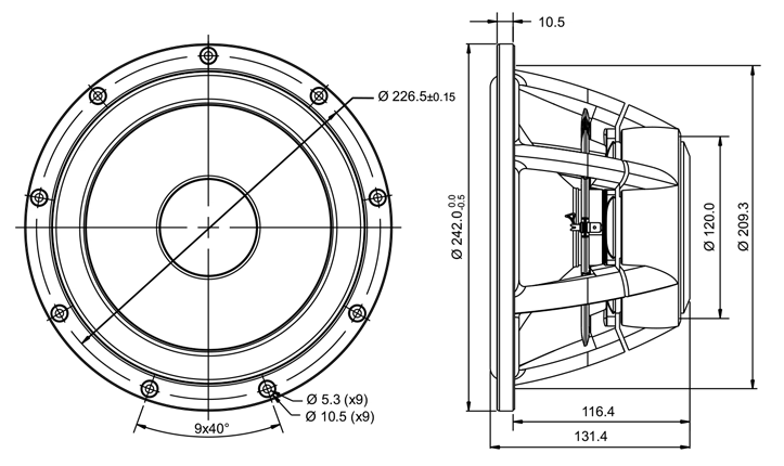 drawing & mounting du haut parleur à cône SB Acoustics Haut-parleur SB Acoustics Satori WO24P-8, impédance 8 ohm, 9.5 pouce