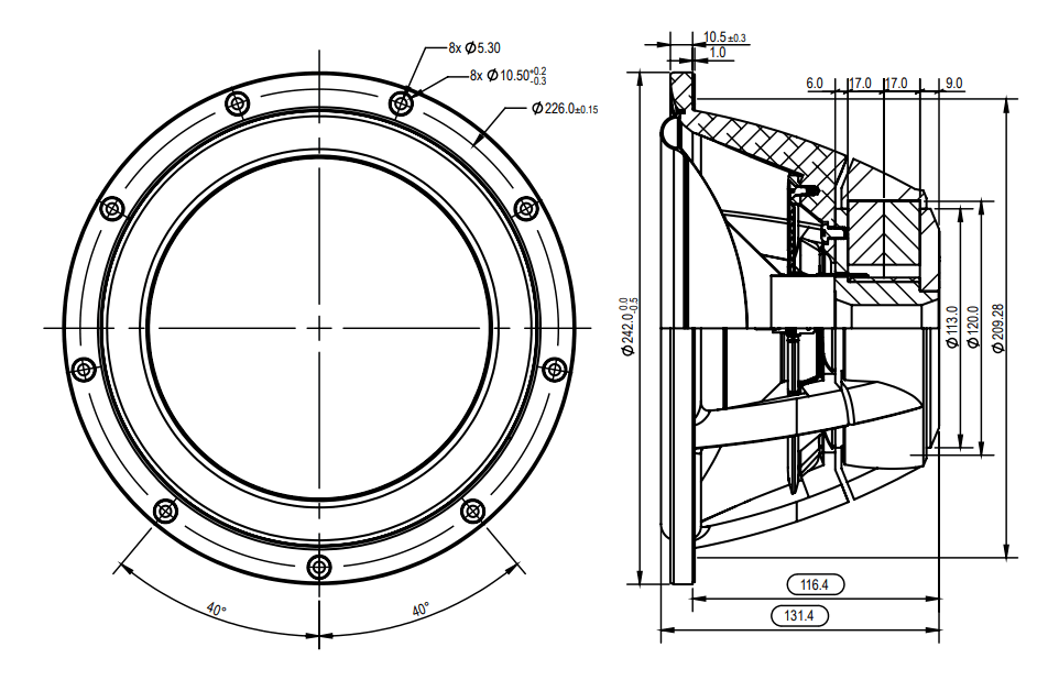 drawing & mounting du haut parleur à cône SB Acoustics Haut-parleur SB Acoustics Satori WO24TX-8, impédance 8 ohm, 9.5 pouce