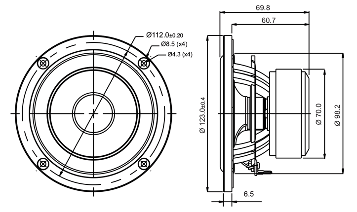 drawing & mounting du haut parleur à cône SB Acoustics Haut-parleur SB Acoustics SB12NRXF25-8, impédance 8 ohm, 4 pouce