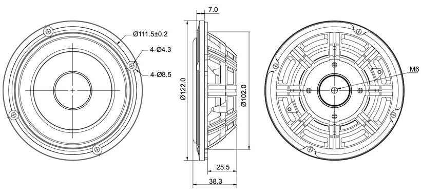 drawing & mounting du haut parleur passif SB Acoustics Haut-parleur passif SB Acoustics SB12PACR-00, 4 pouce