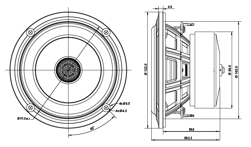 drawing & mounting du haut-parleur coaxial à deux entrées SB Acoustics Haut-parleur coaxial SB Acoustics SB12PACR25-4-COAX , impédance 4+4 ohm, 4 pouce