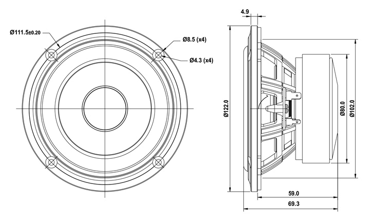 drawing & mounting du haut parleur à cône SB Acoustics Haut-parleur SB Acoustics SB12PACR25-4 , impédance 4 ohm, 4 pouce