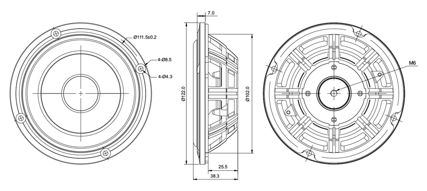 drawing & mounting du haut parleur passif SB Acoustics Haut-parleur passif SB Acoustics SB12PFCR-00, 4 pouce
