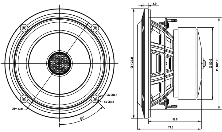 drawing & mounting du haut-parleur coaxial à deux entrées SB Acoustics Haut-parleur coaxial SB Acoustics SB12PFCR25-4-COAX, impédance 4+4 ohm, 4 pouce
