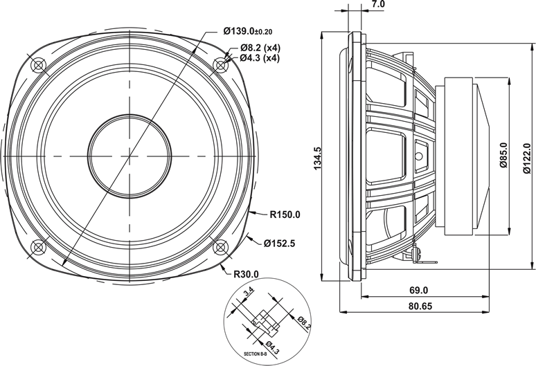 drawing & mounting du haut parleur à cône SB Acoustics Haut-parleur SB Acoustics SB13PFC25-8, impédance 8 ohm, 5 pouce