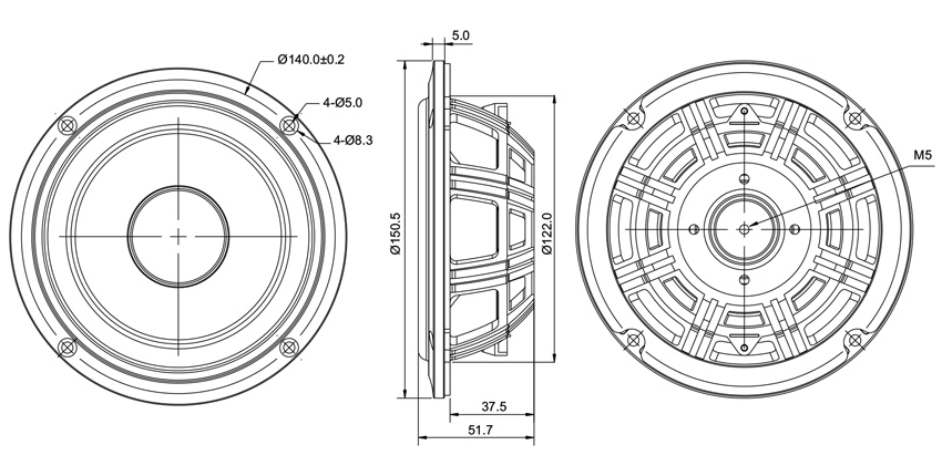 drawing & mounting du haut parleur passif SB Acoustics Haut-parleur passif SB Acoustics SB13PFCR-00, 5 pouce