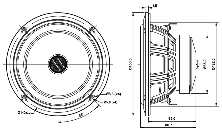 drawing & mounting du haut-parleur coaxial à deux entrées SB Acoustics Haut-parleur coaxial SB Acoustics SB13PFCR25-4-COAX, impédance 4+4 ohm, 5 pouce