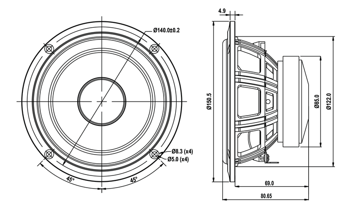 drawing & mounting du haut parleur à cône SB Acoustics Haut-parleur SB Acoustics SB13PFCR25-8, impédance 8 ohm, 5 pouce