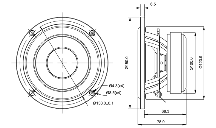 drawing & mounting du haut parleur à cône SB Acoustics Haut-parleur SB Acoustics SB15CRC30-4 , impédance 4 ohm, 5 pouce