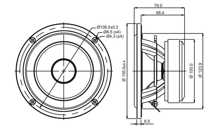 drawing & mounting du haut parleur à cône SB Acoustics Haut-parleur SB Acoustics SB15MFC30-8, impédance 8 ohm, 5 pouce