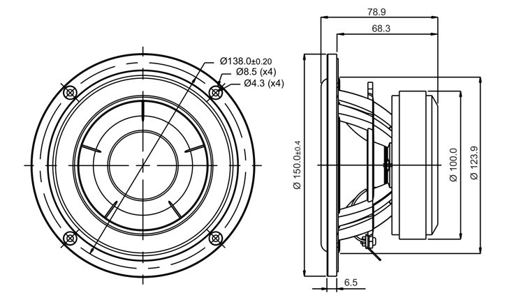 drawing & mounting du haut parleur à cône SB Acoustics Haut-parleur SB Acoustics SB15NBAC30-8, impédance 8 ohm, 5 pouce