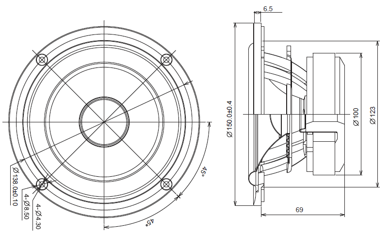 drawing & mounting du haut parleur à cône SB Acoustics Haut-parleur SB Acoustics SB15NRXC30-8-UC, sans traitement de membrane (UC=Uncoated Cone), impédance 8 ohm, 5 pouce