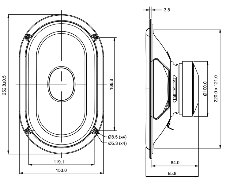 drawing & mounting du haut parleur à cône SB Acoustics Haut-parleur SB Acoustics SB15SFCR39-4, impédance 4 ohm, 5 x 8 pouce