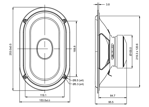 drawing & mounting du haut parleur à cône SB Acoustics Haut-parleur SB Acoustics SB15SFCR39-8, impédance 8 ohm, 5 x 8 pouce