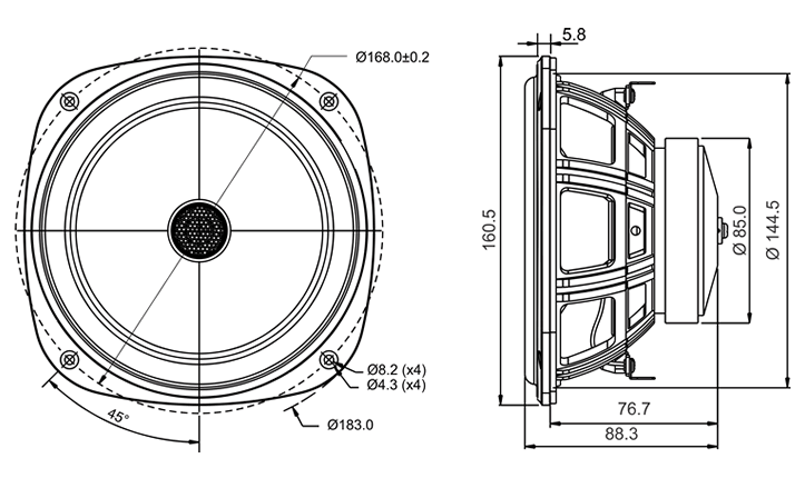 drawing & mounting du haut-parleur coaxial à deux entrées SB Acoustics Haut-parleur coaxial SB Acoustics SB16PFC25-4-Coax, impédance 4+4 ohm, 6 pouce