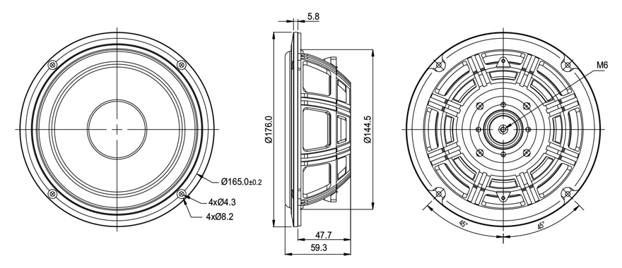 drawing & mounting du haut parleur passif SB Acoustics Haut-parleur passif SB Acoustics SB16PFCR-00, 6 pouce