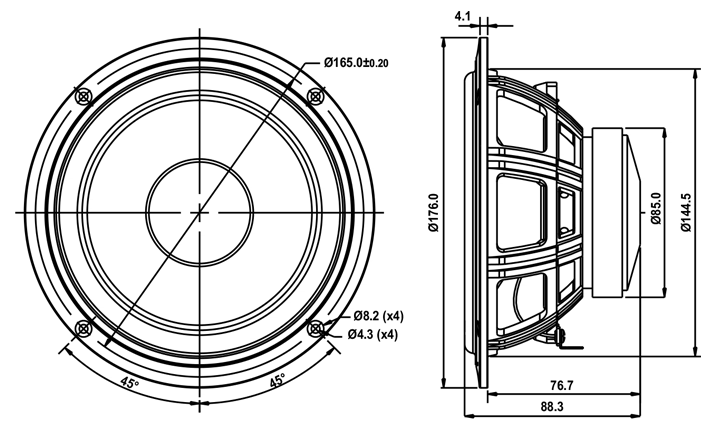 drawing & mounting du haut parleur à cône SB Acoustics Haut-parleur SB Acoustics SB16PFCR25-4, impédance 4 ohm, 6 pouce