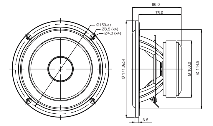 drawing & mounting du haut parleur à cône SB Acoustics Haut-parleur SB Acoustics SB17MFC35-8, impédance 8 ohm, 6 pouce