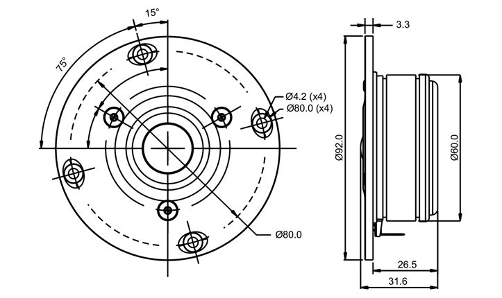 drawing & mounting du tweeter à dôme SB Acoustics Tweeter à dôme SB Acoustics SB21SDC-C000-4, impédance 4 ohm, bobine 21 mm