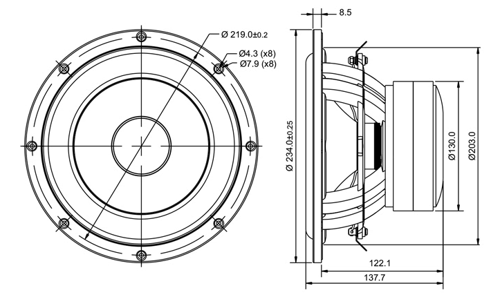 Image Drawing & Mounting haut parleur à cône SB Acoustics Haut-parleur SB Acoustics SB23MFCL45-4, impédance 4 ohm, 8 pouce
