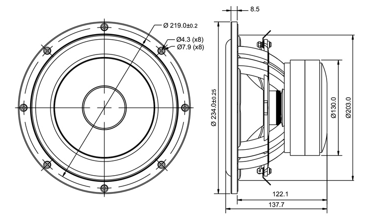 drawing & mounting du haut parleur à cône SB Acoustics Haut-parleur SB Acoustics SB23MFCL45-4, impédance 4 ohm, 8 pouce
