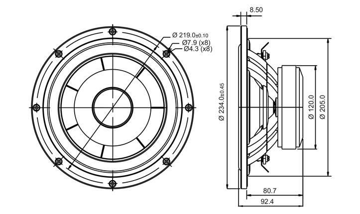 drawing & mounting du haut parleur à cône SB Acoustics Haut-parleur SB Acoustics SB23NBACS45-4, impédance 4 ohm, 8 pouce